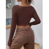 imageSHENHE Womens Twist Front Split Sweetheart Neck Asymmetrical Top Long Sleeve Sexy Crop TeeBrown
