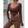 imageSHENHE Womens Twist Front Split Sweetheart Neck Asymmetrical Top Long Sleeve Sexy Crop TeeBrown