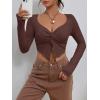 imageSHENHE Womens Twist Front Split Sweetheart Neck Asymmetrical Top Long Sleeve Sexy Crop TeeBrown
