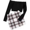 imageSHENHE Womens 2 Piece Outfits Off Shoulder Ribbed Long Sleeve Crop Top and Plaid Mini Skirt SetBlack and White