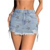 imageSHENHE Womens Distressed Low Rise Star Print Fringe Frayed Hem Y2k Denim Mini SkirtBlue