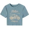 imageSHENHE Womens Short Sleeve Crewneck Crop Tops Motorcycle Letter Graphic Tee T ShirtsDusty Blue