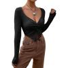 imageSHENHE Womens Twist Front Split Sweetheart Neck Asymmetrical Top Long Sleeve Sexy Crop TeeBlack