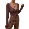 imageSHENHE Womens Twist Front Split Sweetheart Neck Asymmetrical Top Long Sleeve Sexy Crop TeeBrown