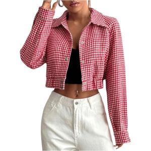 imageSHENHE Womens Cropped Bomber Jacket Houndstooth Button Down Crop Plaid Shacket JacketRed