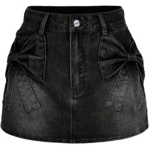 imageSHENHE Womens Denim Mini Skirt Bowknot Straight Jean Skirt Summer Cute Mini SkirtsBlack
