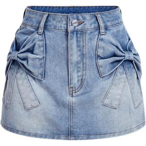 imageSHENHE Womens Denim Mini Skirt Bowknot Straight Jean Skirt Summer Cute Mini SkirtsLight Wash