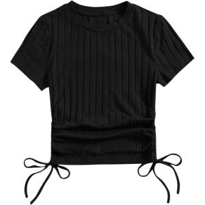 imageSHENHE Womens Drawstring Shirt Ribbed Crop Top Short Sleeve Ruched TeeBlack a
