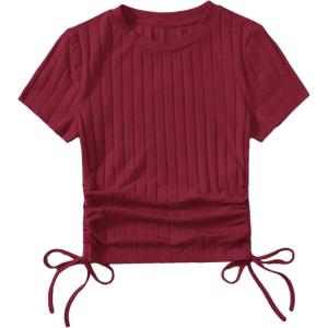 imageSHENHE Womens Drawstring Shirt Ribbed Crop Top Short Sleeve Ruched TeeBurgundy