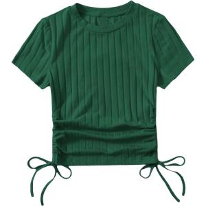 imageSHENHE Womens Drawstring Shirt Ribbed Crop Top Short Sleeve Ruched TeeDark Green