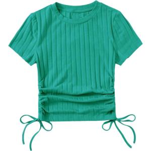 imageSHENHE Womens Drawstring Shirt Ribbed Crop Top Short Sleeve Ruched TeeGreen