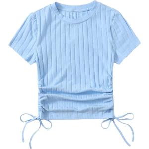imageSHENHE Womens Drawstring Shirt Ribbed Crop Top Short Sleeve Ruched TeeLight Blue