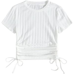 imageSHENHE Womens Drawstring Shirt Ribbed Crop Top Short Sleeve Ruched TeeWhite