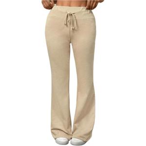 imageSHENHE Womens Drawstring Waist Bell Bottom Flare Leg Sweatpants Sports Causal PantsApricot