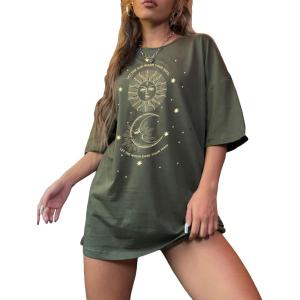 imageSHENHE Womens Graphic Half Sleeve Drop Shoulder Crewneck Oversized T Shirt TopsArmy Green