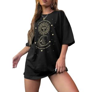 imageSHENHE Womens Graphic Half Sleeve Drop Shoulder Crewneck Oversized T Shirt TopsBlack