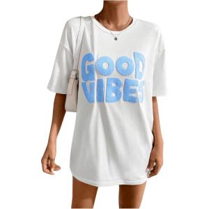 imageSHENHE Womens Graphic Half Sleeve Drop Shoulder Crewneck Oversized T Shirt TopsBlue Letter White