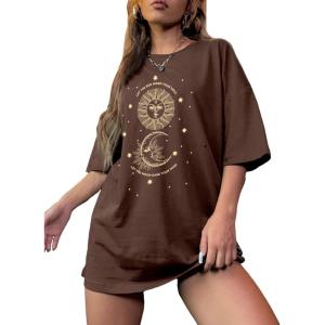 imageSHENHE Womens Graphic Half Sleeve Drop Shoulder Crewneck Oversized T Shirt TopsCoffee Brown