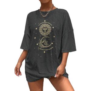 imageSHENHE Womens Graphic Half Sleeve Drop Shoulder Crewneck Oversized T Shirt TopsDark Grey Galaxy