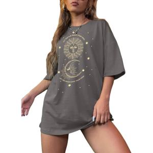 imageSHENHE Womens Graphic Half Sleeve Drop Shoulder Crewneck Oversized T Shirt TopsGrey
