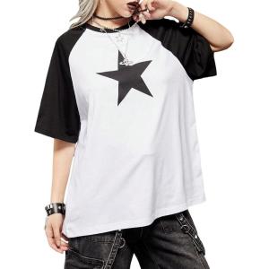 imageSHENHE Womens Graphic Half Sleeve Drop Shoulder Crewneck Oversized T Shirt TopsStar Black White