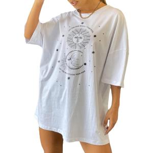 imageSHENHE Womens Graphic Half Sleeve Drop Shoulder Crewneck Oversized T Shirt TopsWhite
