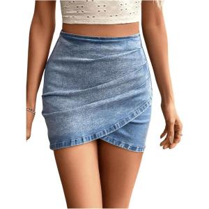 imageSHENHE Womens High Waisted Asymmetrical Wrap Bodycon Denim Mini SkirtLight Wash