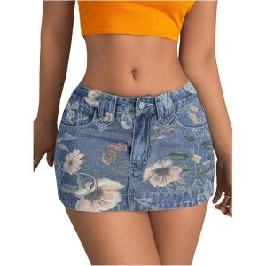 imageSHENHE Womens Low Rise Denim Mini Skirt Sexy Bodycon Jean Skirt with PocketsBlue and Flower