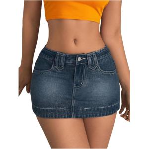imageSHENHE Womens Low Rise Denim Mini Skirt Sexy Bodycon Jean Skirt with PocketsDark Wash