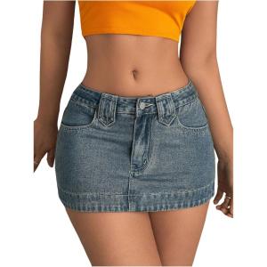 imageSHENHE Womens Low Rise Denim Mini Skirt Sexy Bodycon Jean Skirt with PocketsMedium Wash