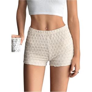 imageSHENHE Womens Mini Shorts Casual Textured Straight Leg Knit Low Elastic Waist Bodycon ShortsBeige