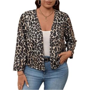 imageSHENHE Womens Plus Size Open Front Leopard Print Jacket Lightweight Dressy Jacket OutwearBlack Brown