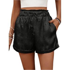 imageSHENHE Womens Shiny Wide Leg Shorts Elastic Waist Tie Front Summer Paperbag ShortsBlack