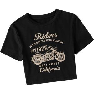 imageSHENHE Womens Short Sleeve Crewneck Crop Tops Motorcycle Letter Graphic Tee T ShirtsBlack