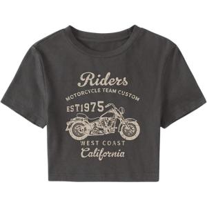 imageSHENHE Womens Short Sleeve Crewneck Crop Tops Motorcycle Letter Graphic Tee T ShirtsDark Grey