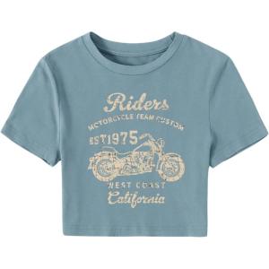imageSHENHE Womens Short Sleeve Crewneck Crop Tops Motorcycle Letter Graphic Tee T ShirtsDusty Blue