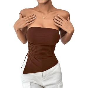 imageSHENHE Womens Strapless Ruched Tube Top Asymmetrical Side Slit Hem Fitted Bandeau Tank TopCoffee Brown