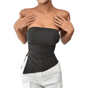 imageSHENHE Womens Strapless Ruched Tube Top Asymmetrical Side Slit Hem Fitted Bandeau Tank TopDark Grey