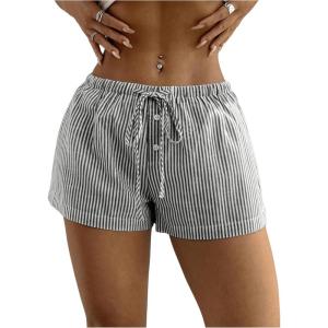 imageSHENHE Womens Striped Low Rise Shorts Drawstring Tie Button Front Summer Casual Mini ShortsBlack