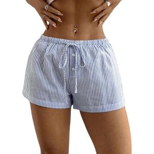 imageSHENHE Womens Striped Low Rise Shorts Drawstring Tie Button Front Summer Casual Mini ShortsBlue