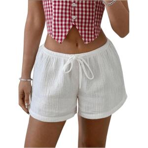 imageSHENHE Womens Striped Low Rise Shorts Drawstring Tie Button Front Summer Casual Mini ShortsPlain White