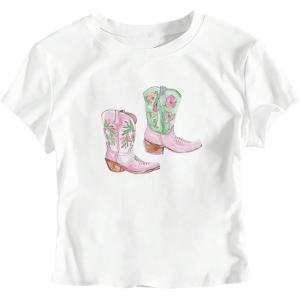 imageSHENHE Womens Summer Graphic Crop Tee Crew Neck Short Sleeve Funny Fitted T Shirt TopWhite Boots Print