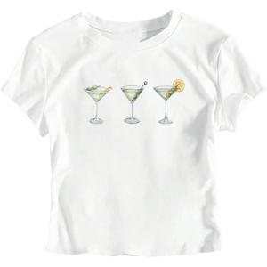 imageSHENHE Womens Summer Graphic Crop Tee Crew Neck Short Sleeve Funny Fitted T Shirt TopWhite Drinks Print