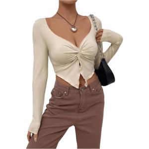 imageSHENHE Womens Twist Front Split Sweetheart Neck Asymmetrical Top Long Sleeve Sexy Crop TeeApricot