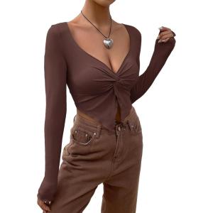 imageSHENHE Womens Twist Front Split Sweetheart Neck Asymmetrical Top Long Sleeve Sexy Crop TeeBrown