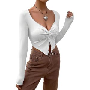 imageSHENHE Womens Twist Front Split Sweetheart Neck Asymmetrical Top Long Sleeve Sexy Crop TeeWhite