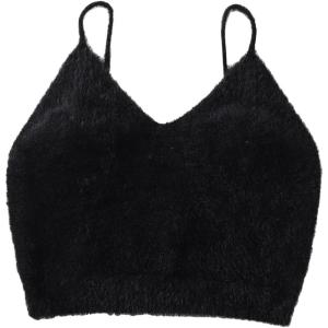 imageSHENHE Womens V Neck Spaghetti Strap Furry Cute Top Fluffy Knit Crop Cami Top TankBlack