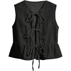 imageSHENHE Womens Y2k Tie Front Denim Vest V Neck Ruffle Hem Sleeveless Peplum Jean Top ShirtBlack