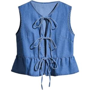 imageSHENHE Womens Y2k Tie Front Denim Vest V Neck Ruffle Hem Sleeveless Peplum Jean Top ShirtBlue