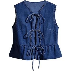 imageSHENHE Womens Y2k Tie Front Denim Vest V Neck Ruffle Hem Sleeveless Peplum Jean Top ShirtDark Wash Blue